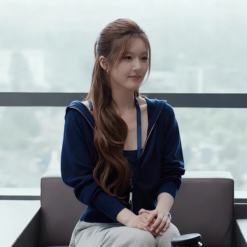 Zhao Lusi Xiu Me Dazzling Xu Yan Same Style Blue Hooded Short Knitted Cardigan Zipper Casual Jacket for Women in Autumn