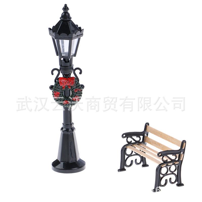 1:12 Dollhouse mini modelo al aire libre escena OB11 negro pequeña lámpara de calle + silla hierro combinación