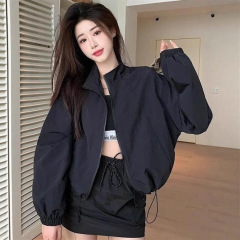 立领时尚外套女2025秋季新款宽松抽绳短款休闲开衫拉链夹克上衣