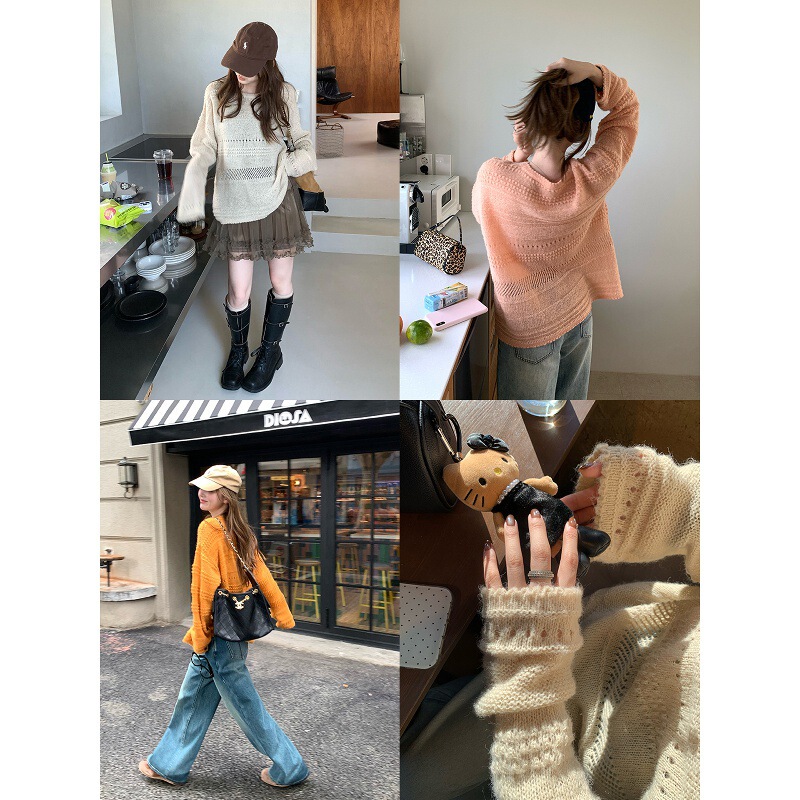 Im to Leisure Weekend~Mohair Cut Out Jacquard Round Neck Knitwear Women's Autumn Loose Lazy Knitted Blouse