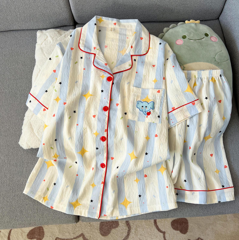 Summer Striped Elephant Cloud Cotton Pajamas for Women, Summer Thin High-End Fashion Short-Sleeved Shorts, Cute Home Clothes Summer Striped Elephant Cloud Cotton Pajamas for Women, Summer Thin High-End Fashion Short-Sleeved Shorts, Cute Home Clothes