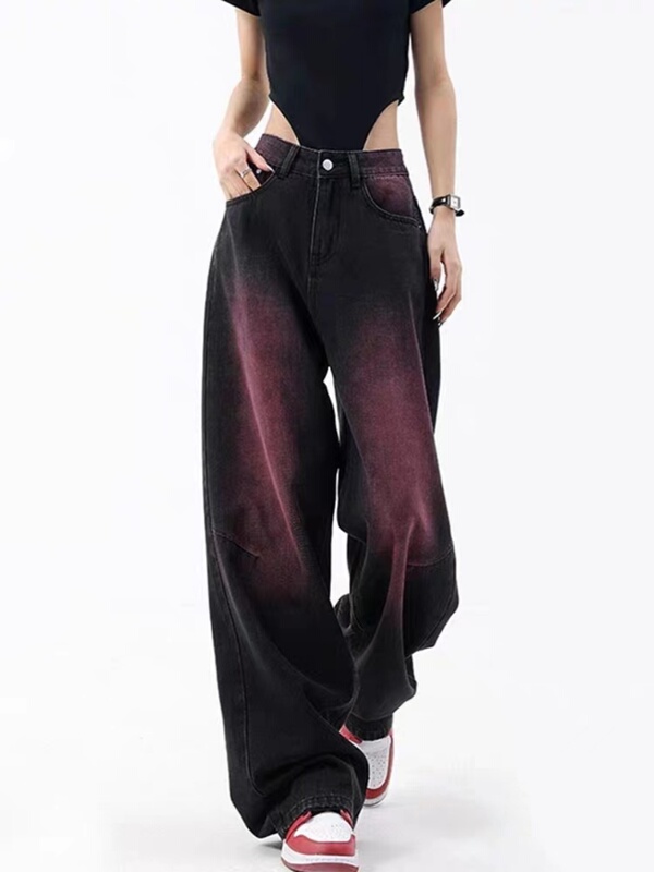 Purple Smudged Black Wide-Leg Jeans for Women in Spring, Autumn and Winter, Plus-Size Pear-Shaped Body Fat Girls Wear Street Pants