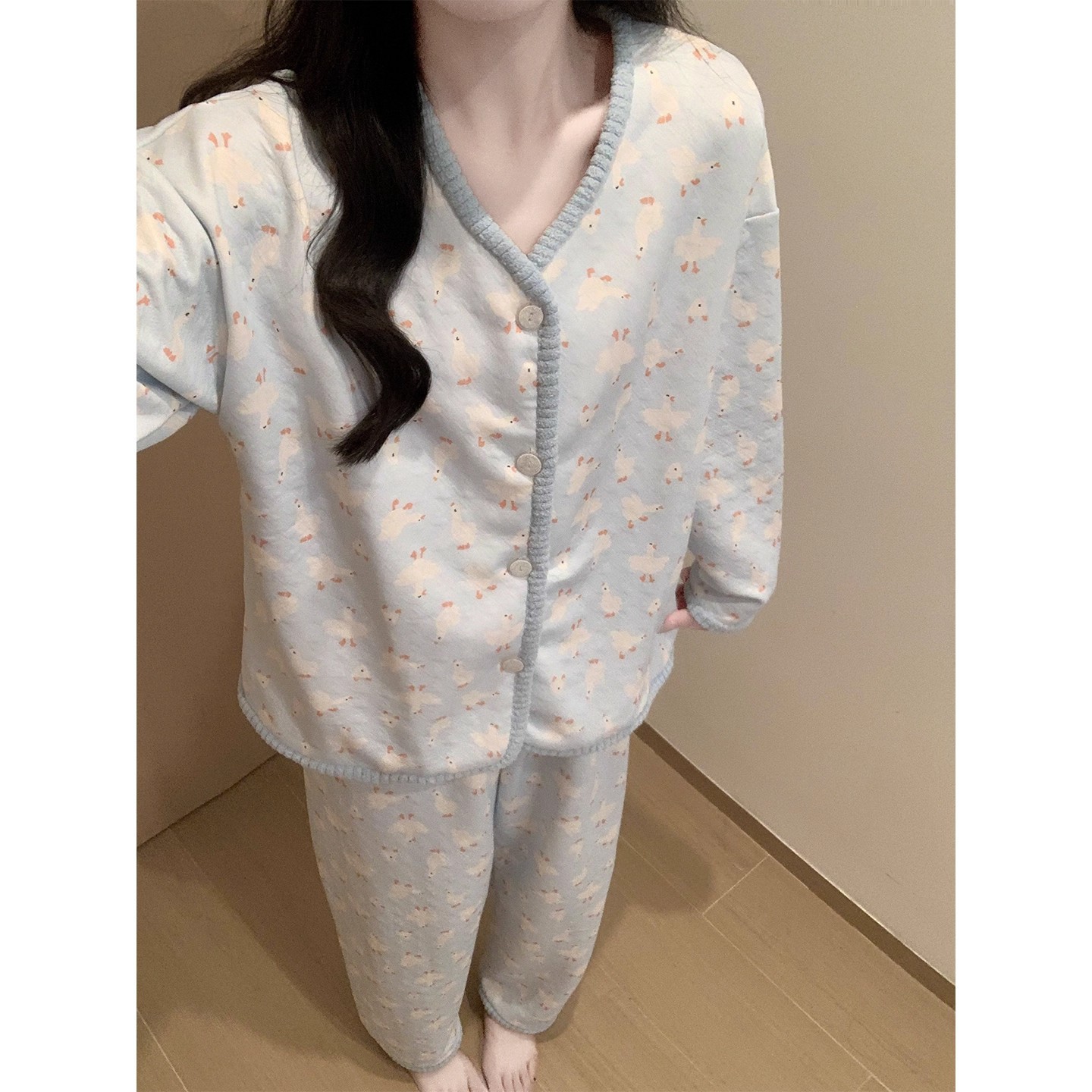 大白鹅夹棉睡衣女秋冬季加厚空气夹层棉可爱小个子长袖家居服套装