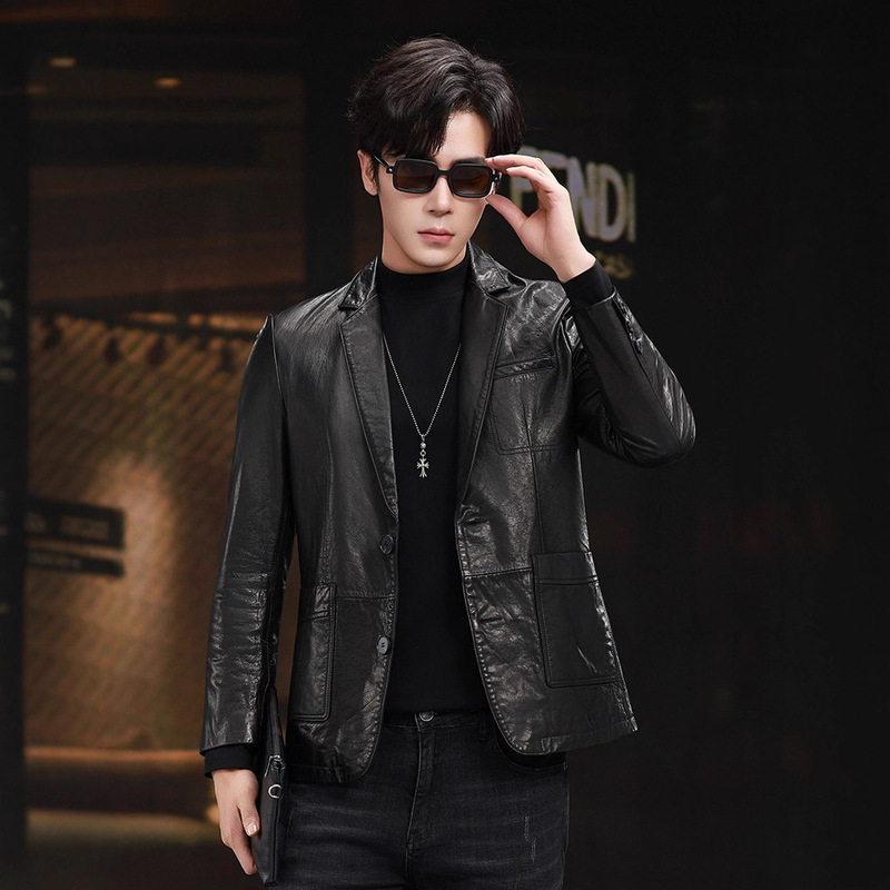 Haining Genuine Leather Jacket Men's Oil Wax Calfskin Suit Suit Leather Jacket Thin Casual Leather Jacket Leather Suit