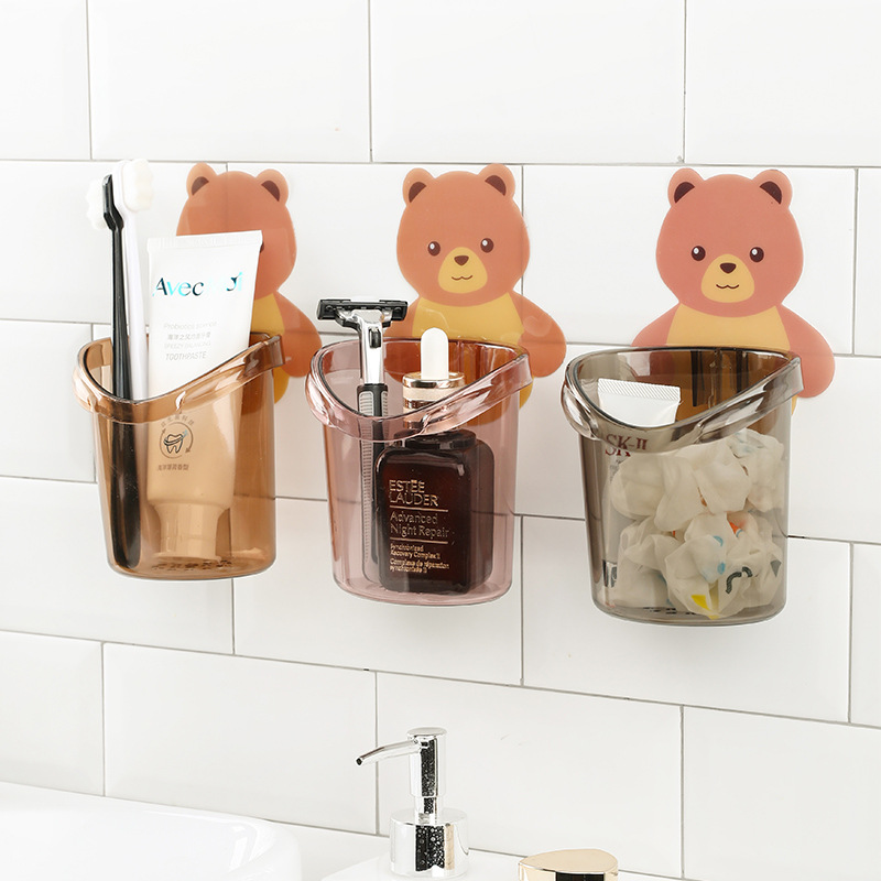 Small Bear Drain Cup Organizer, Toothbrush and Cup Shelf, Stick-on Wall Mount Bathroom Organizer
