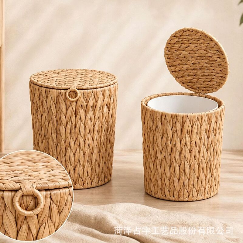 Cross-border water hyacinth straw storage basket for home bedroom, covered dirty clothes basket, bedside storage basket, woven trash bin
