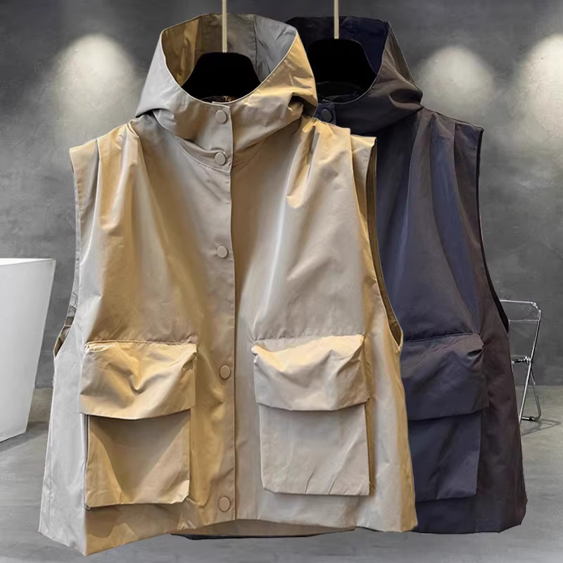 Solid Color Hooded Zipper Vest Jacket Men's Spring and Autumn Korean Style Fashionable Workwear Pocket Outer Wear Vest Fashionable Brand Loose