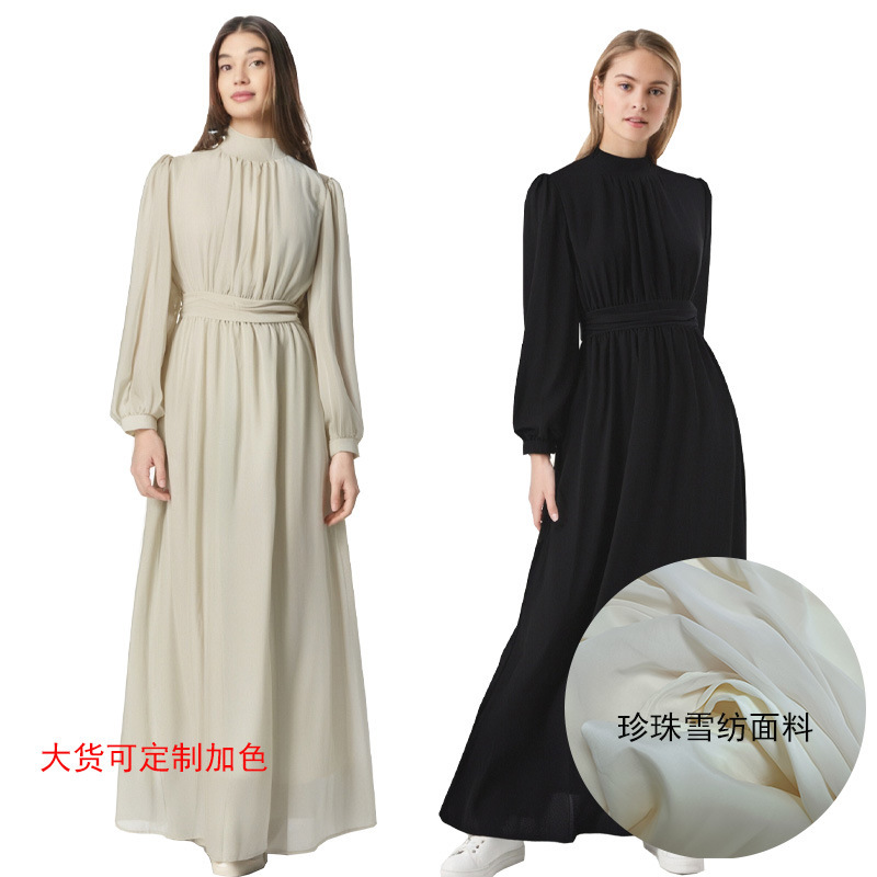 Summer and Autumn Cross-Border Export 465 Stand Collar Long Sleeve Lantern Sleeve Solid Color Pearl Chiffon Waist-Cinching Simple Elegant Long Dress Summer and Autumn Cross-Border Export 465 Stand Collar Long Sleeve Lantern Sleeve Solid Color Pearl Chiffon Waist-Cinching Simple Elegant Long Dress