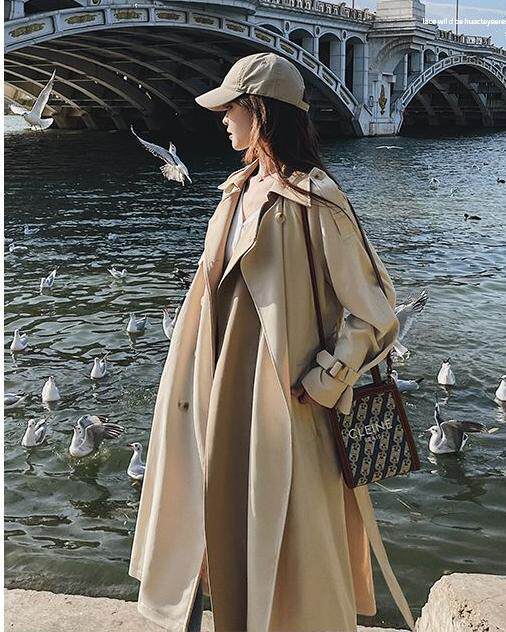 Áo khoác trench coat nữ dáng dài trung bình, form rộng, cổ vest, tay dài, phong cách thanh lịch — Màu be (chất lượng cao cấp) chi tiết 5