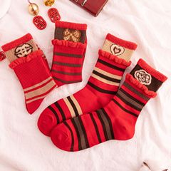 一件代發蛇年紅襪子長筒女襪雙羅口花邊直播網紅潮流本命年新年襪