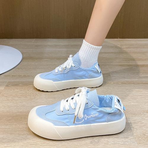 White shoes for women in summer ice silk canvas surface breathable casual large toe lace-up flat-soled sports ugly cute shoes for young students