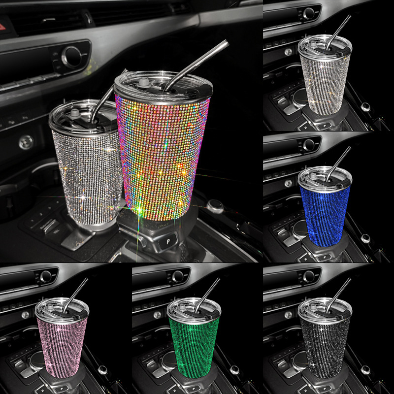Bling flash rhinestone pegado diamante 550ml taza de bebida incrustada en el diamante taza de café de paja de acero inoxidable recta adelgazamiento