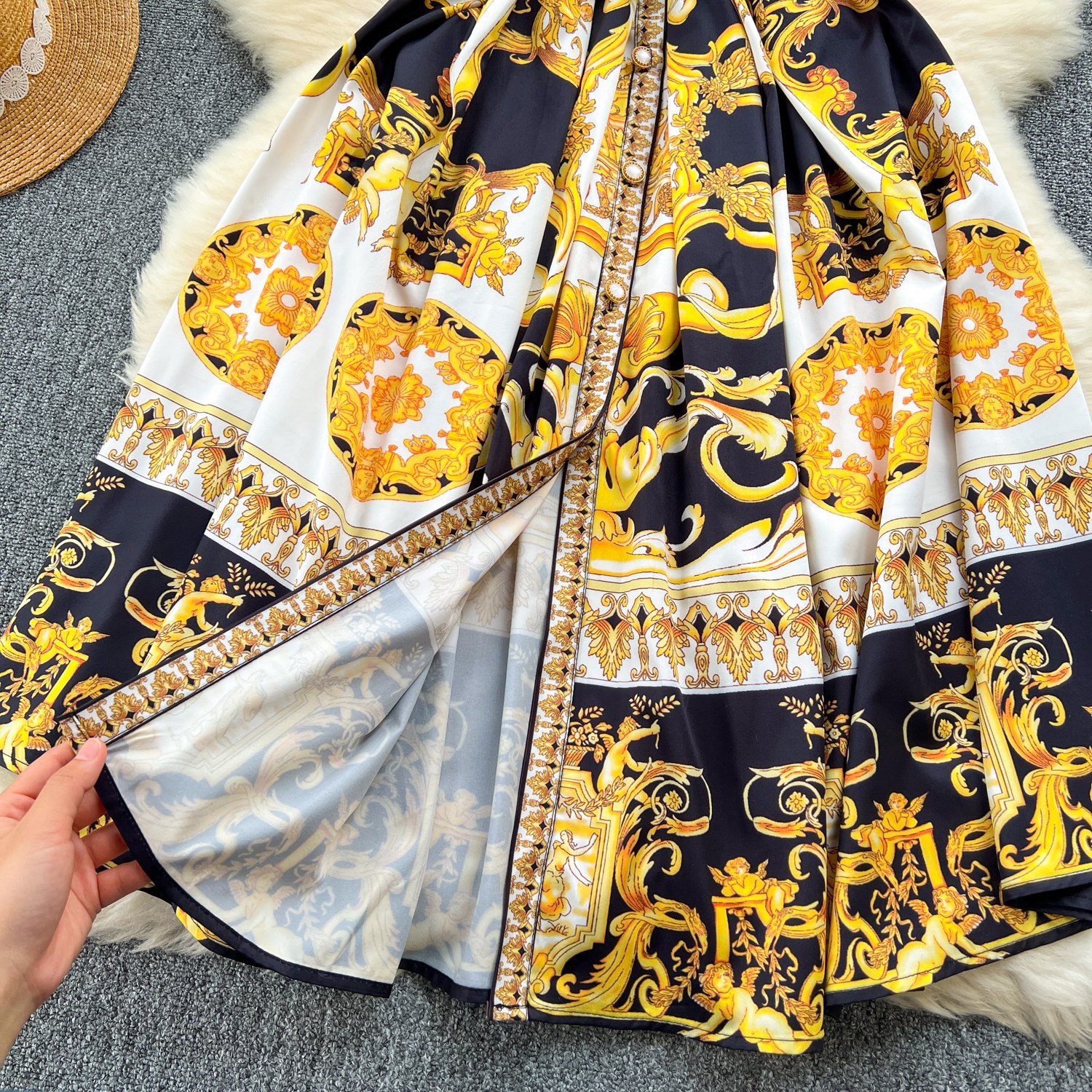 Vintage Baroque Print Sleeveless Dress – High Waist A-Line Dress With 3D Floral Embroidery (5 Sizes, Breathable Stretch Fabric)_ecoleips.com