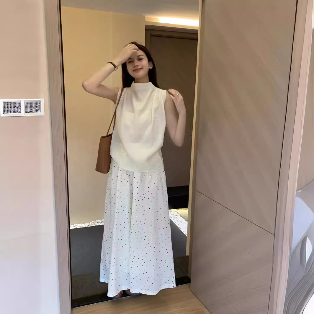 气质淑女风休闲套装女立领无袖上衣波点宽松遮肉阔腿飘飘裤两件套