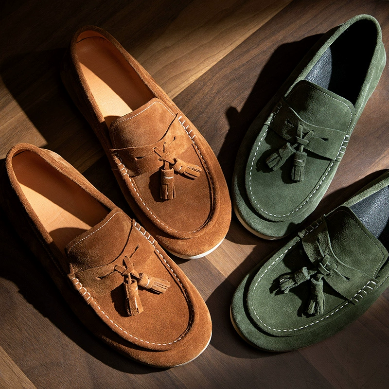 Мужские кожаные туфли-лоферы из натуральной кожи, ручная работа из Гуанчжоу, модные, с кисточками, удобные для вождения.