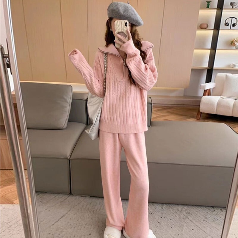 半拉链绞花针织套装女2025秋冬翻领毛衣＋高腰阔腿裤显瘦两件套|undefined