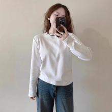 早秋白色正肩内搭打底衫女秋冬宽松百搭棉磨毛长袖恤短款上衣