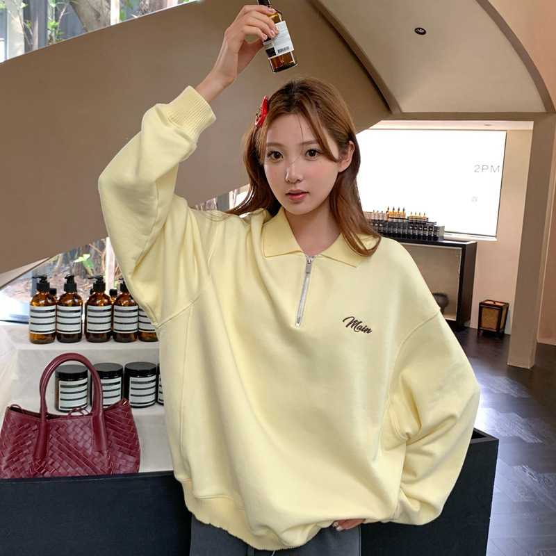 Dopamine Autumn New Korean Style Pullover Polo Collar Loose Top with Letter Embroidery Mid-Length Sweatshirt for Women Dopamine Autumn New Korean Style Pullover Polo Collar Loose Top with Letter Embroidery Mid-Length Sweatshirt for Women