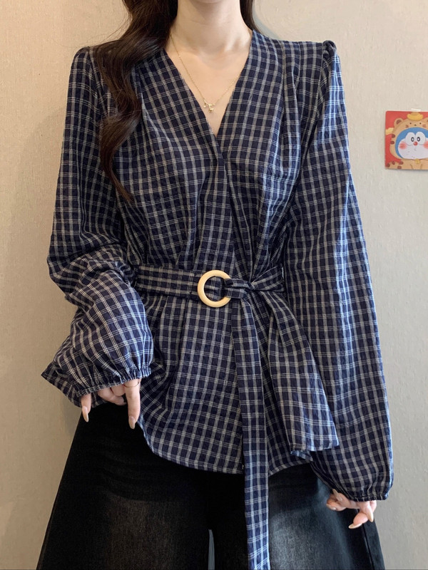 深蓝色格子长袖衬衫女秋装2025新款大码胖mm高级收腰绑带遮肚上衣|undefined
