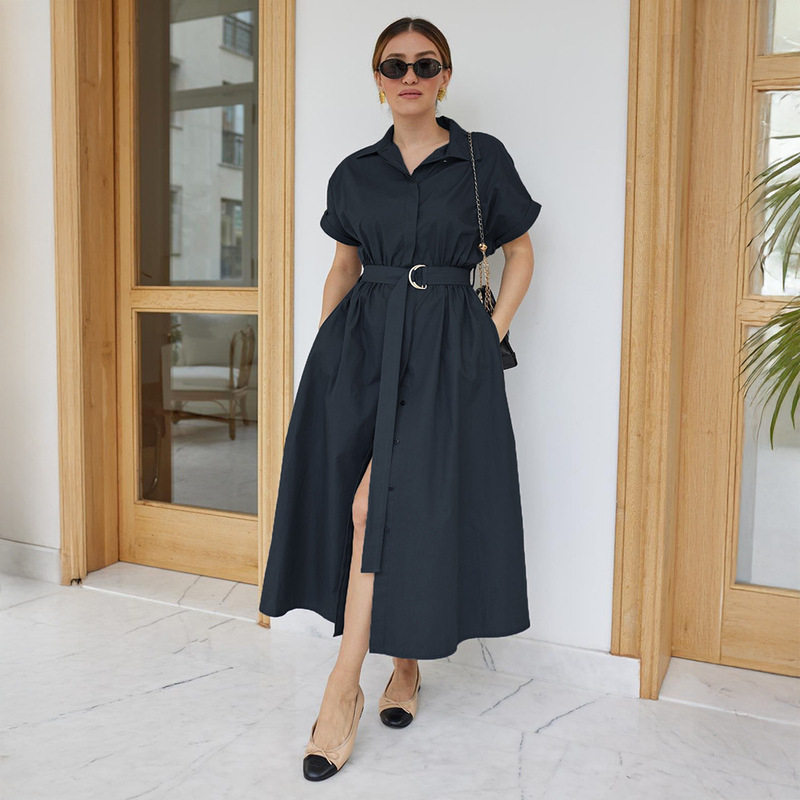 Cross-Border Pure Cotton Short-Sleeved Dress European and American 2026 Summer New Single-Breasted Mid-Length Skirt Shirt-Style Dress for Women