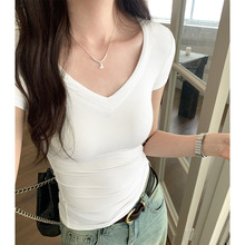 V领修身基础款短袖T恤女装韩版夏季2025新款修身显瘦百搭正肩上衣