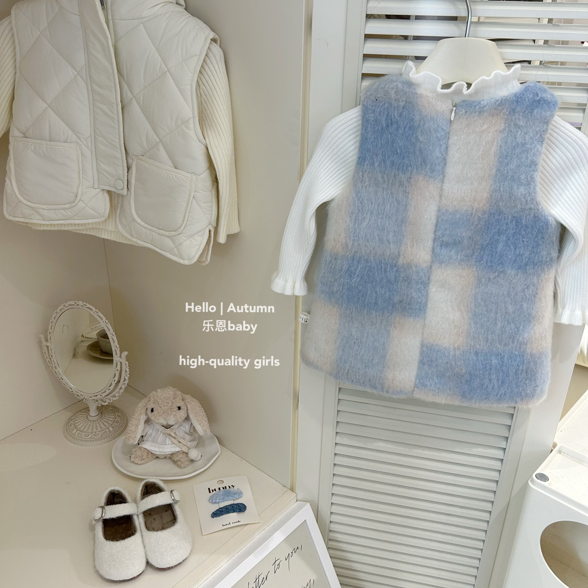 [Ropa para niños Le En] Vestido de invierno y año nuevo para niñas Falda de chaleco de lana a cuadros azul y blanco Vestido de princesa con fragancia pequeña