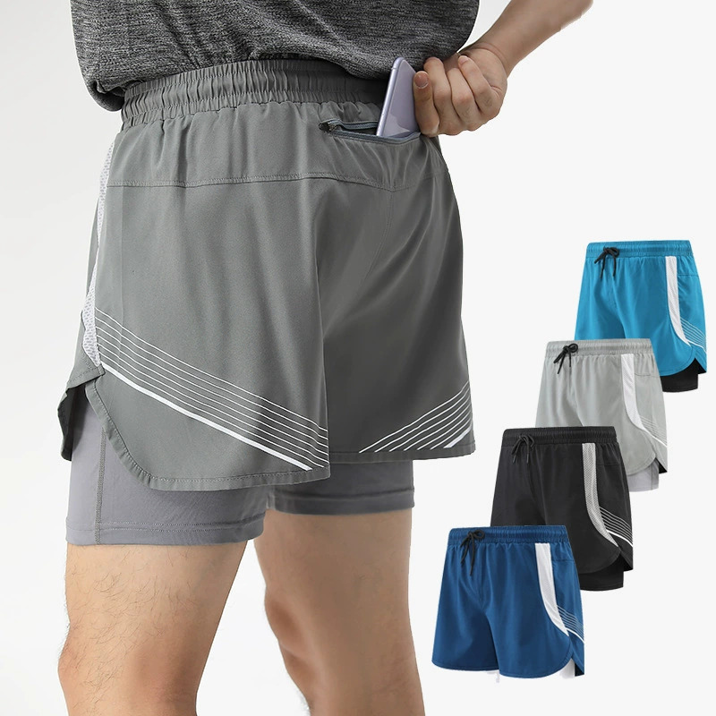 Men's Two-In-One Sports Shorts with Anti-Exposure Lining, Running Shorts with Back Pocket Zipper and Phone Pocket, Gym Shorts