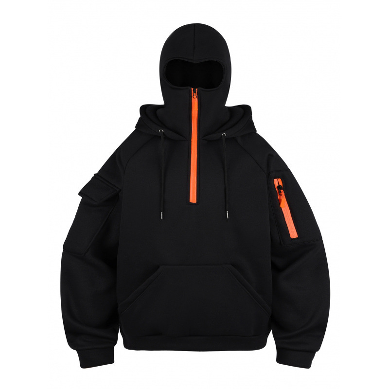 2025 New Full-Face Mask Hoodie with Black and Orange Color-Blocking Workwear Pockets, High Street Fashion Loose Top for Men and Women