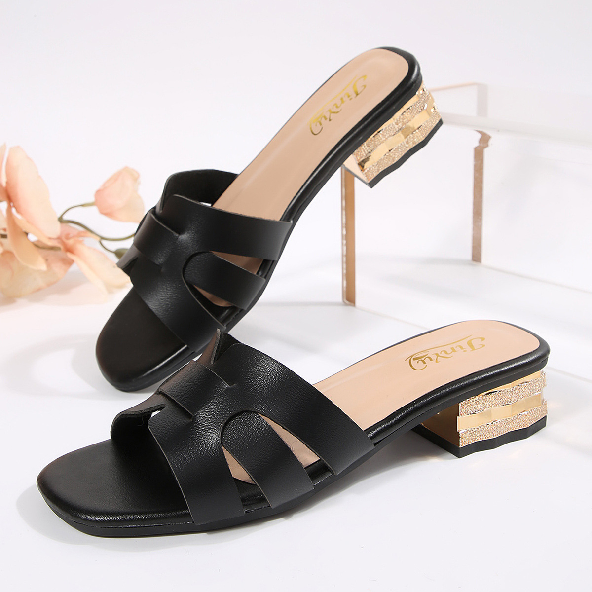 Sandalias de Tacón Alto de Cuero Artificial con Tacón Grueso y Cabeza Cuadrada para Verano y Uso Diario