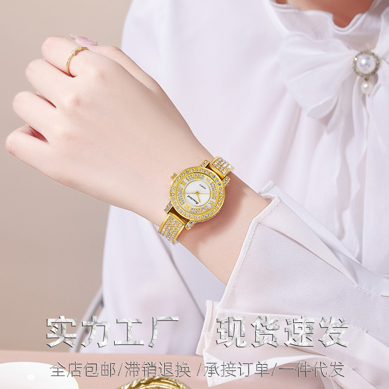 韩版镶钻防水女士手表批发 跨境时尚满钻合金水钻石英手链手表女