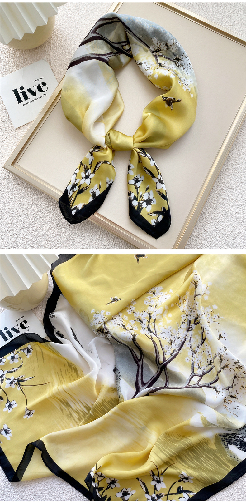 50g Weight Silk Scarf Classification Travel Occasion Silk Material Unisex Gender Printing Design Sweet Style Grey, Red, Green, Blue, Yellow, Black Color Unisex Sweet Silk Printing Silk Scarf 28