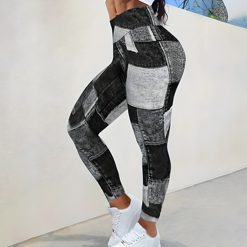 Amazon best-selling plaid patchwork printed yoga fitness pants high-waisted hip-lifting tight leggings cross-border