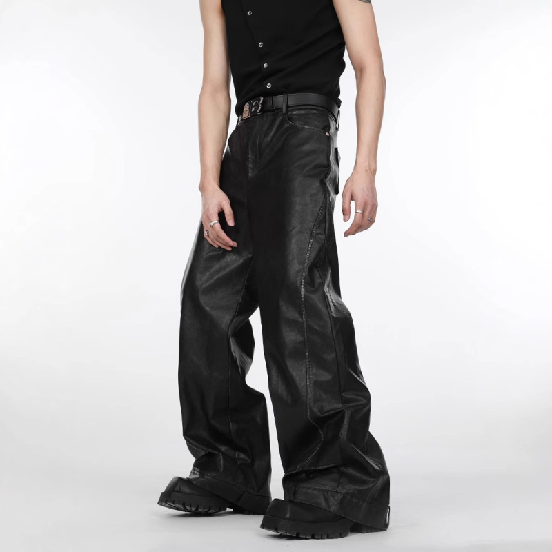 2025 New Niche Deconstructed Three-Dimensional Black Leather Pants for Men, Loose Straight Casual Long Pants, Distressed Floor-Length Trousers
