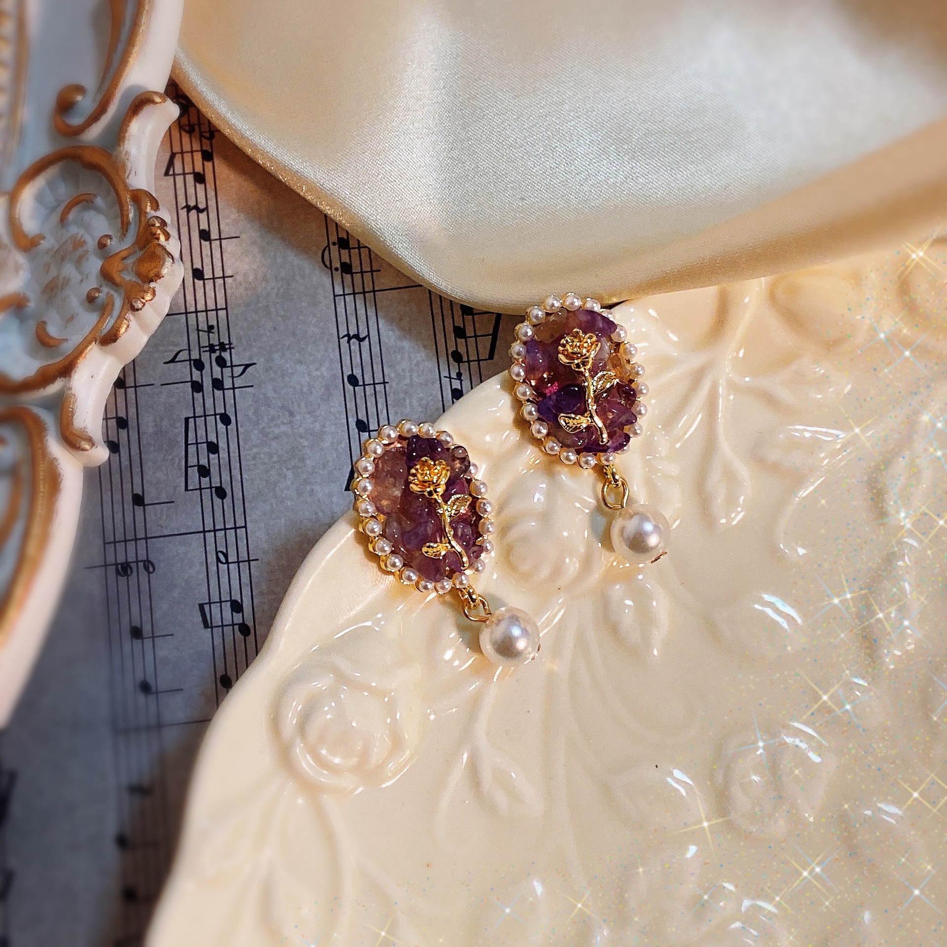 "Downton Abbey" French Retro Earrings Court Oil Painting Purple Crystal Rose Pearl Earrings / Ear Clips