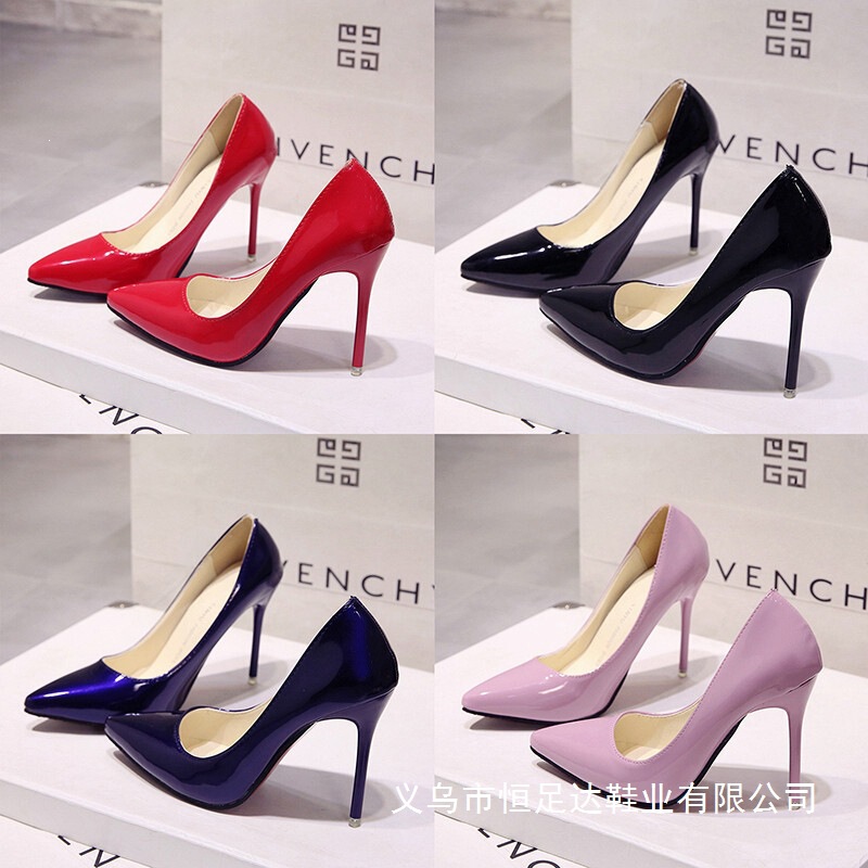 European Style Nude-Colored Stiletto High Heels, Pointed-Toe Black Work Shoes, Women's Patent Leather Blue Large-Size Shoes, Red Wedding Shoes