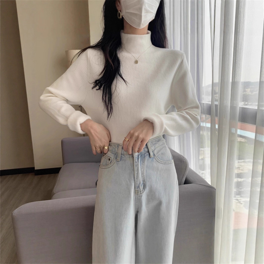 一体绒面料 加绒加厚半高领针织衫上衣慵懒风2026新款毛衣打底衫