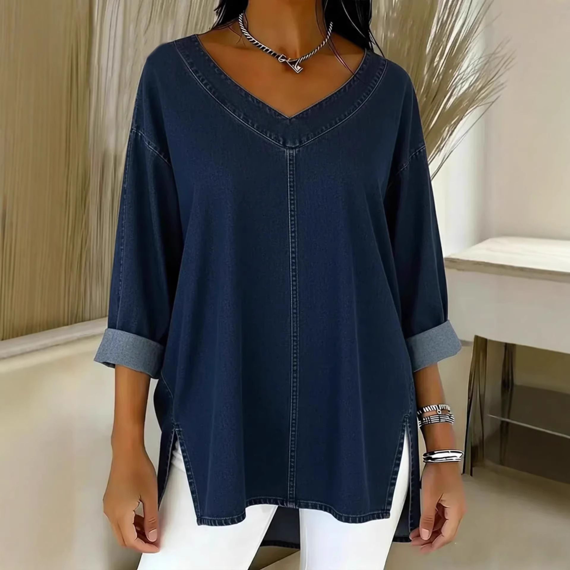 Women's Street Style Denim Long Sleeve Shirt, Classic Blue & Black Washed Cotton Jacket For Casual Layering_ecoleips.com