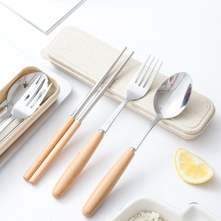 Spoon Fork Chopsticks Three-piece Set Travel with Wooden Handle Tableware Stainless Steel Portable Tableware Single Set