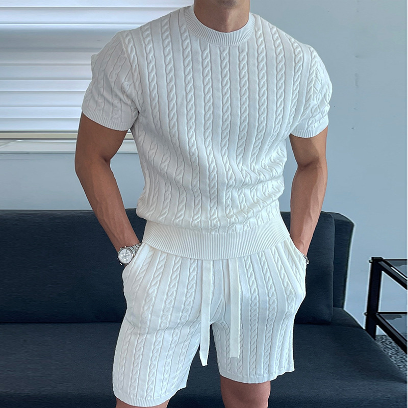 2026 Cross-Border European and American Spring and Summer New Style Light Mature Casual Fashion Men's Knitted Sports Short-Sleeved Shorts Suit