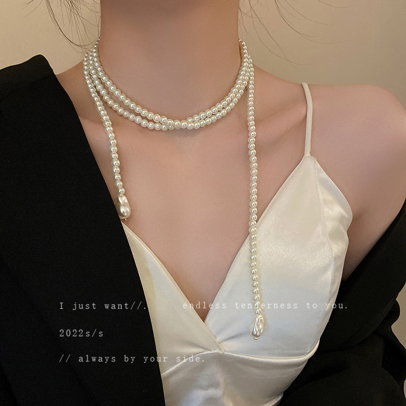 欧美长款复古几何珍珠项链时尚气质冷淡风一款多戴项链创意项链女