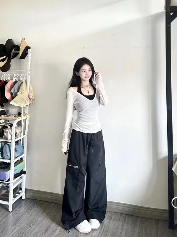 三件套女2025秋季纯欲风辣妹防晒长袖罩衫上衣吊带背心高腰阔腿裤|undefined
