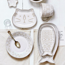 復古白均釉卡通浮雕貓陶瓷 創意碗盤碗碟組合 趣味馬克杯