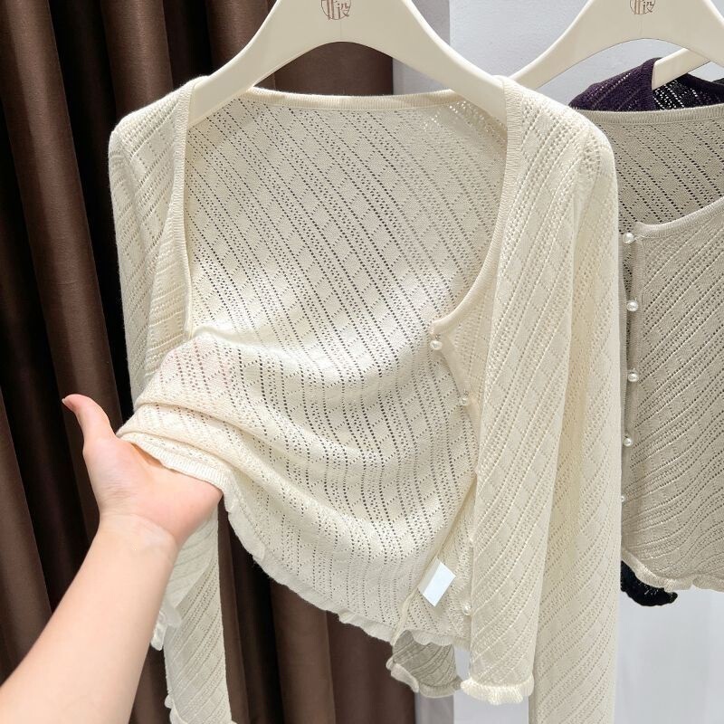 Oatmeal-Colored Knitted Jacket for Women, Autumn and Winter Style, Lace Hollow-Out Sweater, Long-Sleeve Cardigan, 2026 Spring Knitted Sweater