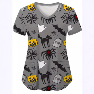 Women's All-match Slim-fit V-neck Shoulder Short-sleeved Medical Care Clothes Halloween Pumpkin Ghost Cobweb 3D Print