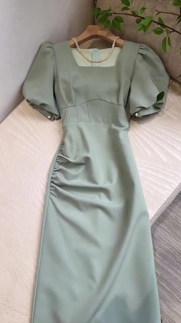 Váy maxi thắt eo phong cách Pháp trà chiều FL231293 — Màu đen, Màu xanh lá