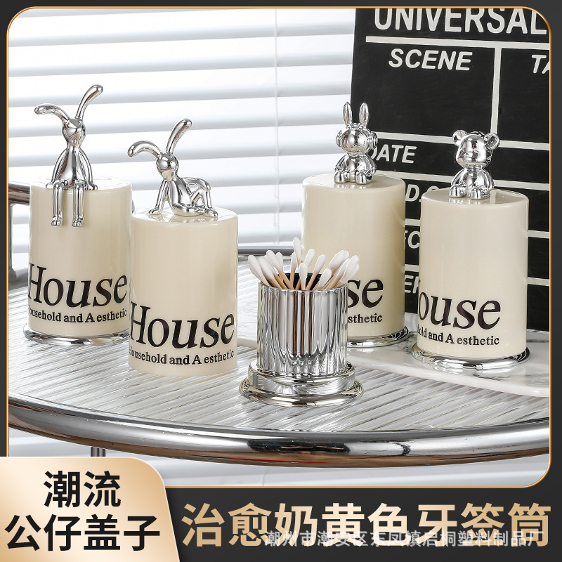 Red roja de alto aspecto oso palillo de dientes titular de la caja de palillo de dientes de acrílico titular de palillo de dientes creativo hogar hisopo de algodón jarra de almacenamiento