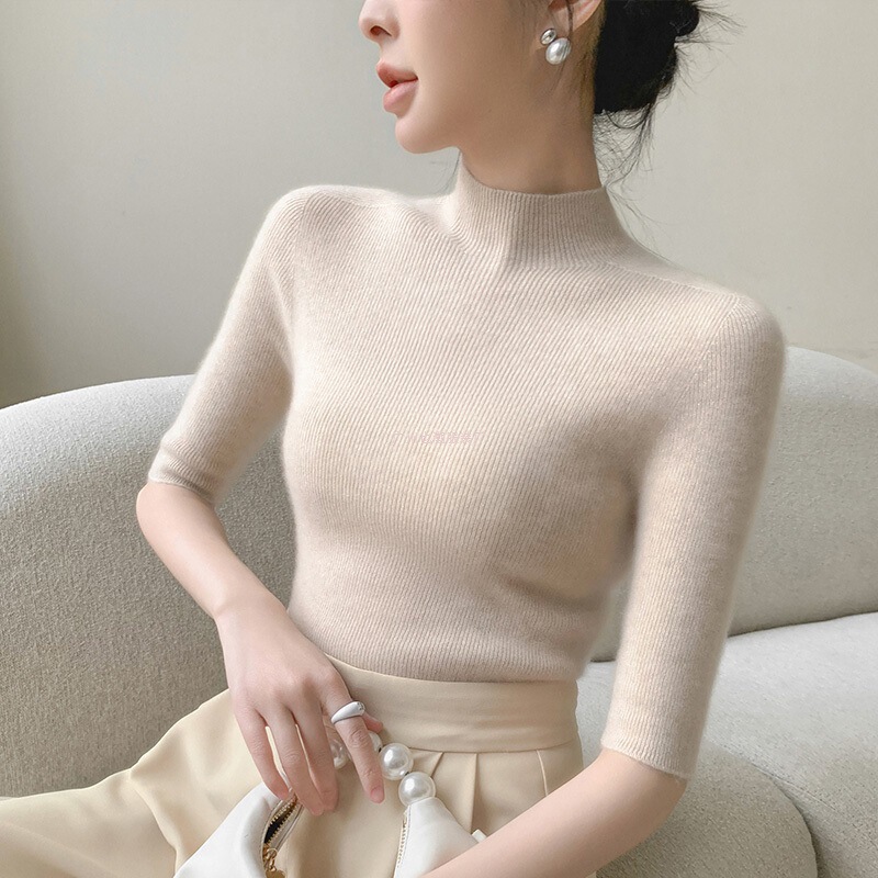 Half Turtleneck Five-Quarter Sleeve 100 Pure Wool Knitwear Women's Autumn and Winter Inner Knitwear Mid-Sleeve Seamless Top Bottoming Shirt Half Turtleneck Five-Quarter Sleeve 100 Pure Wool Knitwear Women's Autumn and Winter Inner Knitwear Mid-Sleeve Seamless Top Bottoming Shirt