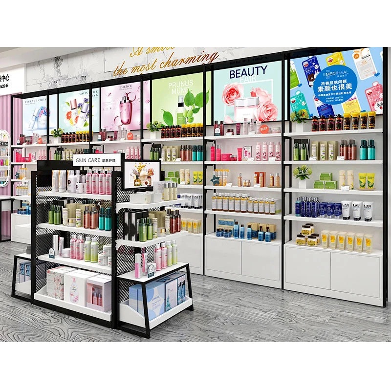 Estanterías de acero y madera para joyería, cosméticos, supermercados, centros comerciales, vitrinas de exhibición, armarios de almacenamiento comerciales multicapa personalizados para supermercados.
