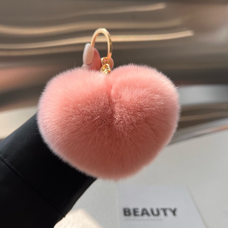 South Korea Ins Cute Rex Rabbit Plush Ball Heart-shaped Car Keychain Hanging Distinctive Creative Bag Love Pendant Key