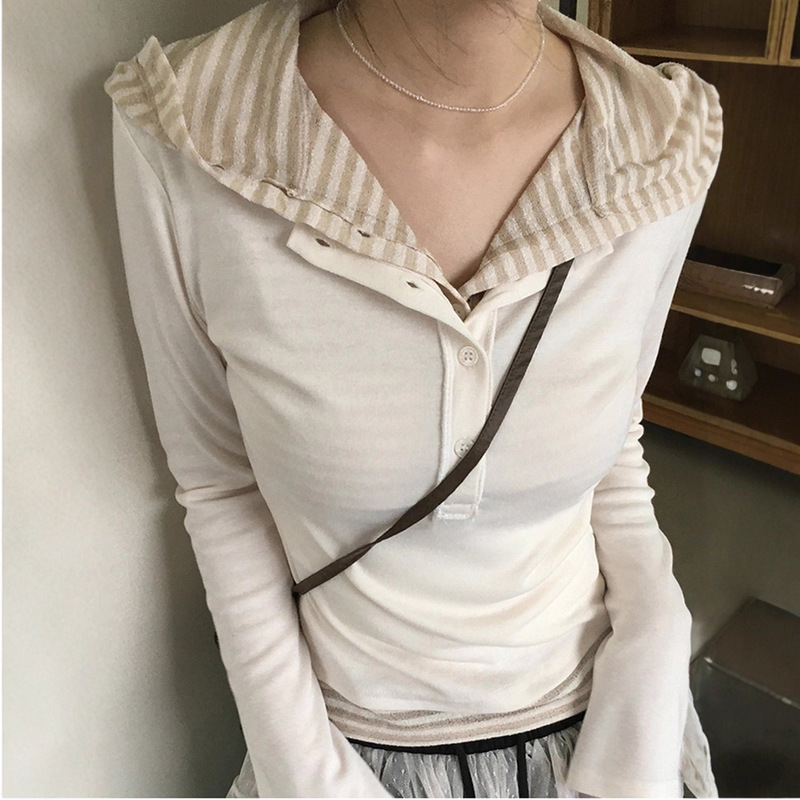 2025 女性の夏無地ボタン襟偽ツーピースフード付きスリム Tシャツストリートファッションヨーロッパとアメリカのクロスボーダー服|undefined